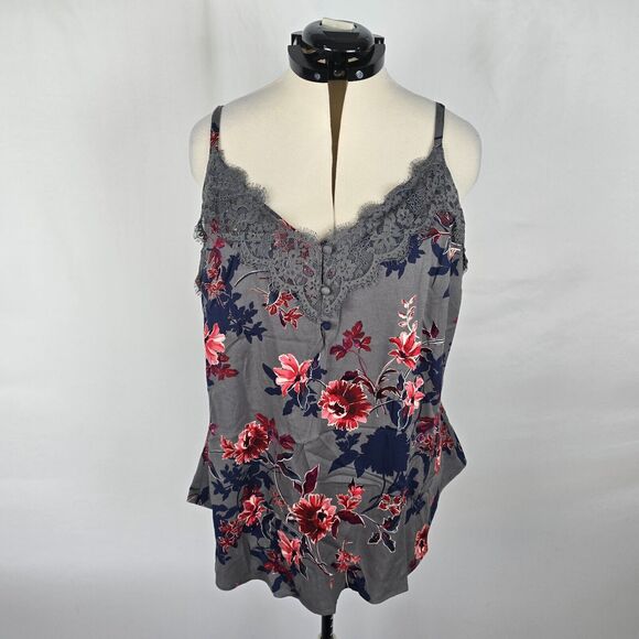 Torrid Camisole Women's 1X Gray Floral Sleeveless Lace Trim Buttons V-Neck NWT - Picture 1 of 16
